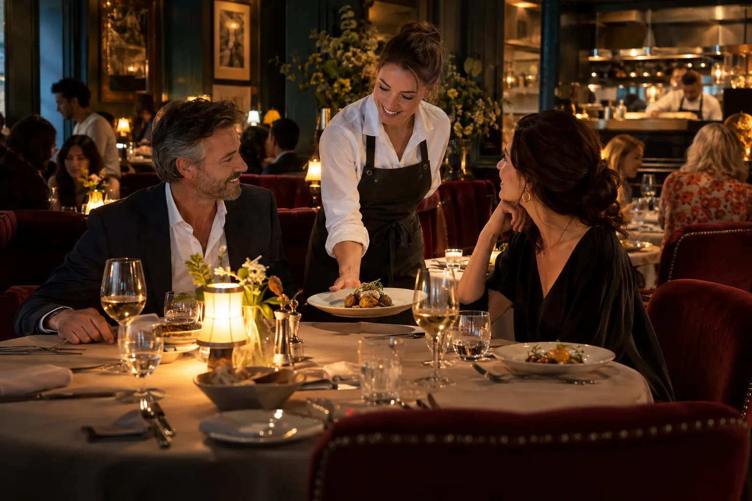 A server brings dinner to guests in a warm, candlelit restaurant